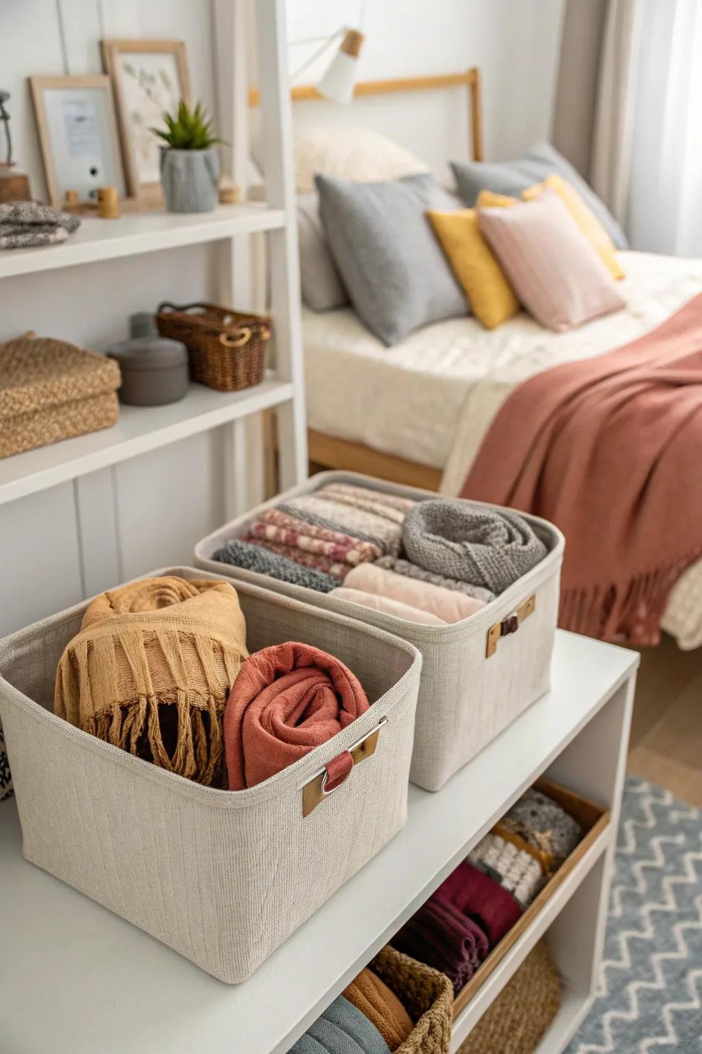 Fabric bins for a soft and organized bedroom.