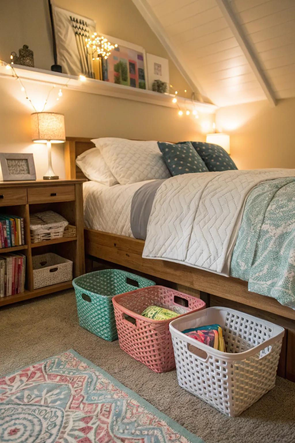 A tastefully arranged bedroom with elegant storage baskets concealed beneath the bed.