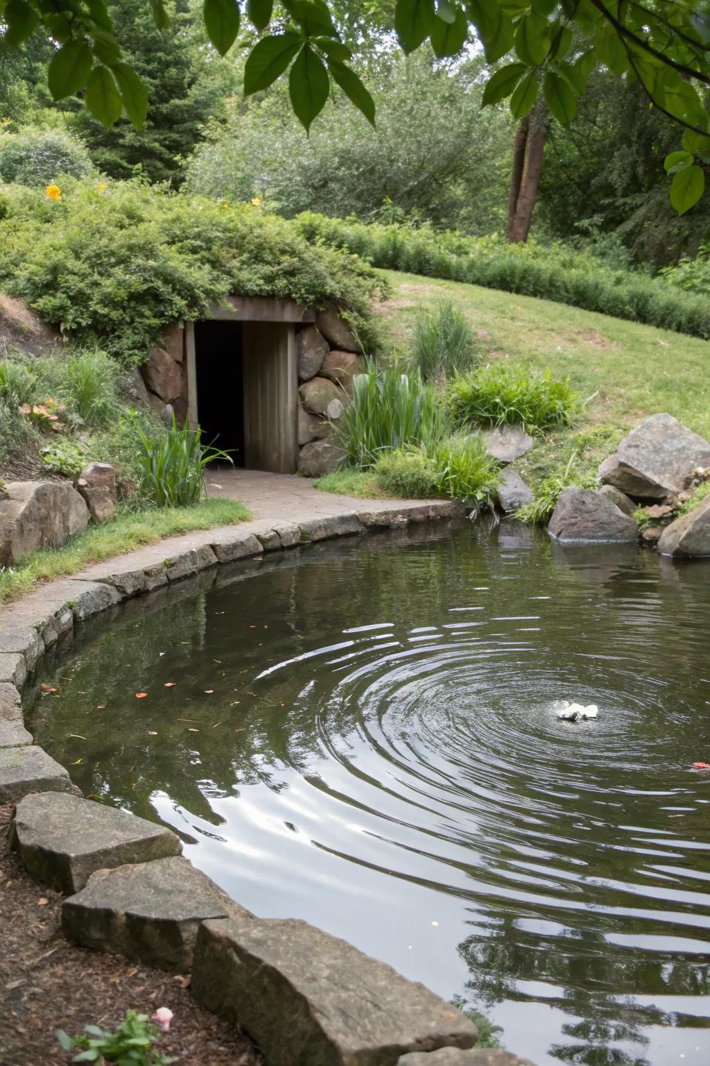 A water element contributes tranquility to the storm shelter area.