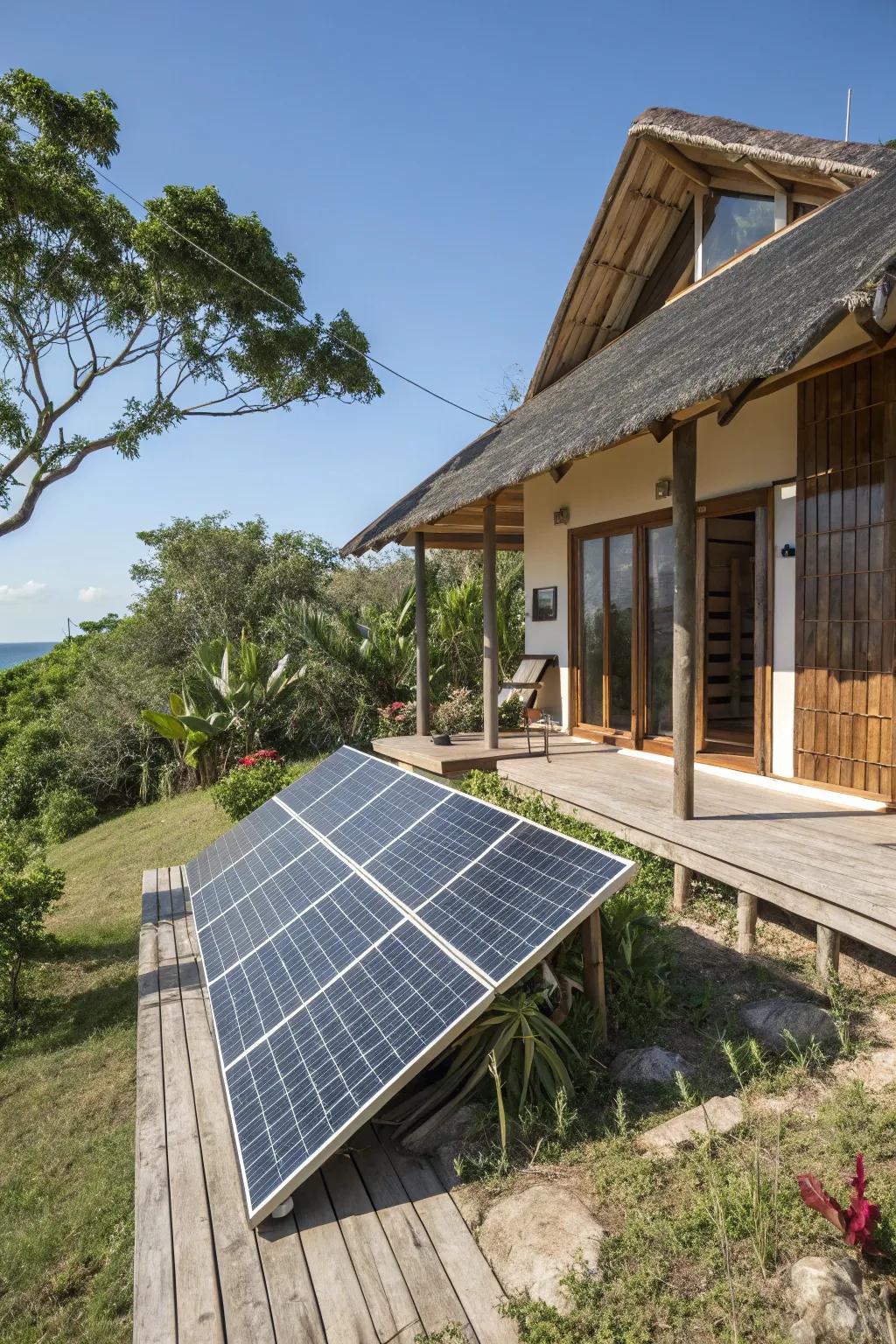 Sun panels empowering a sustainable island dwelling.