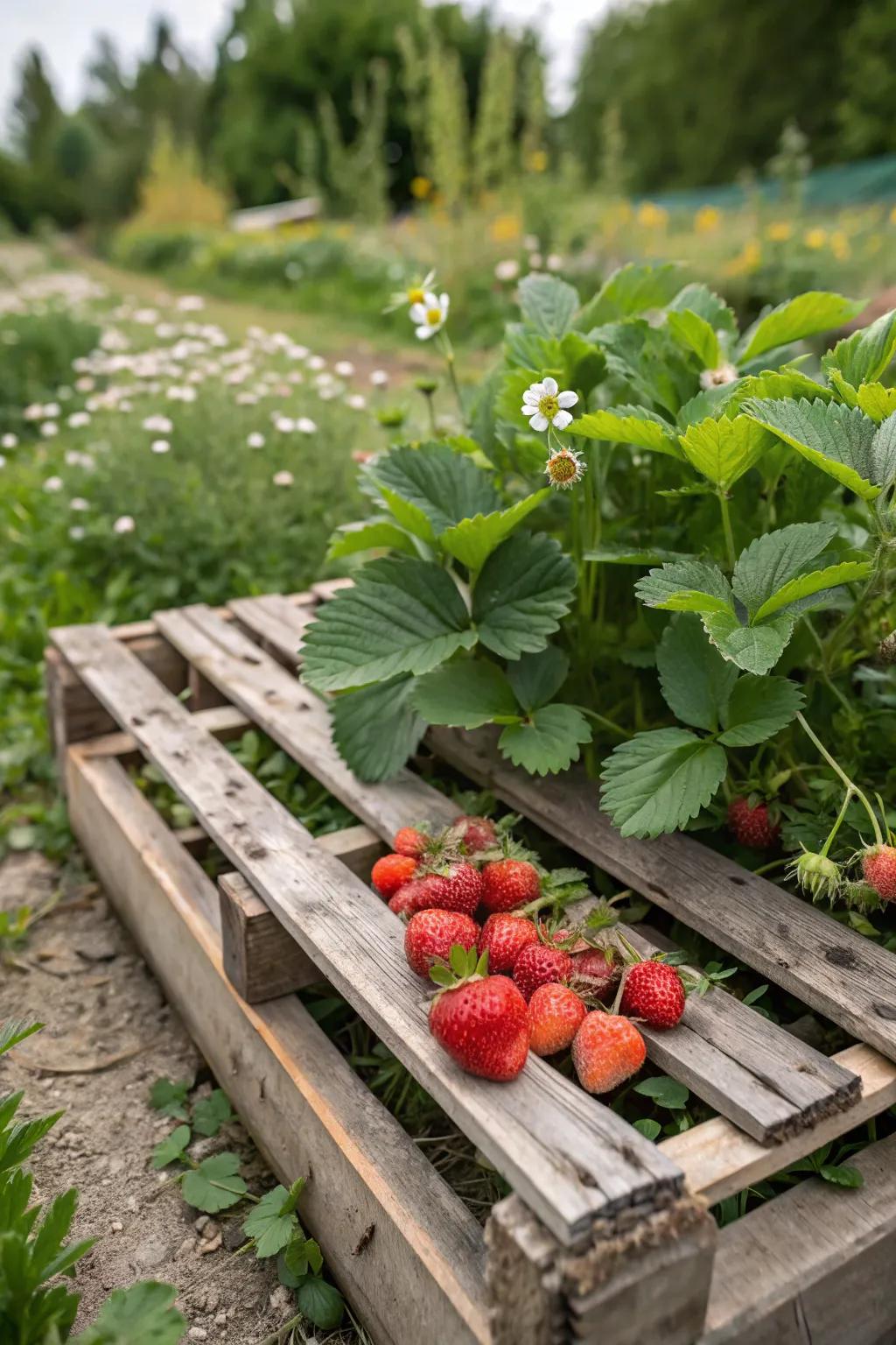A rustic freight platform planter filled with strawberries.