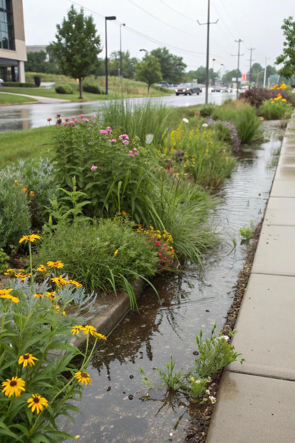 A rain garden is an eco-friendly way to manage runoff and add greenery.