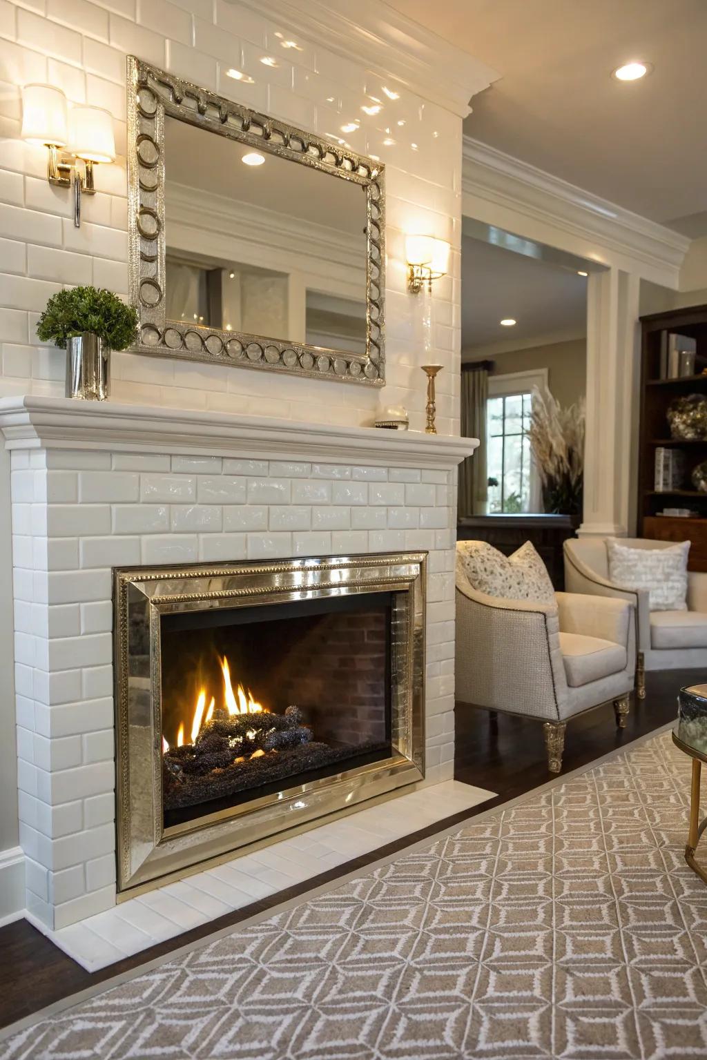 Metallic accents add a glamorous touch to this chic rectangle tile fireplace.