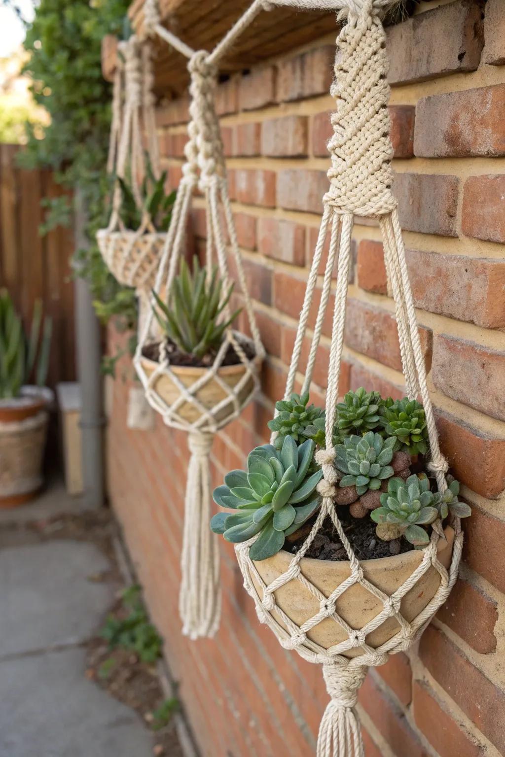Macramé suspended containers introduce a boho-chic vibe to succulent exhibits.