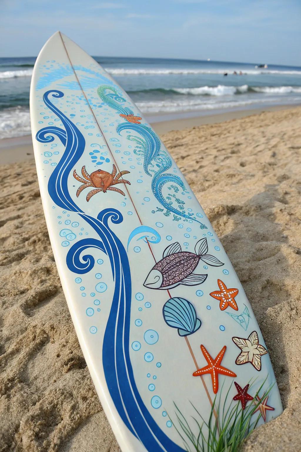 A display capturing aquatic sensations with azure billows and sea creatures.