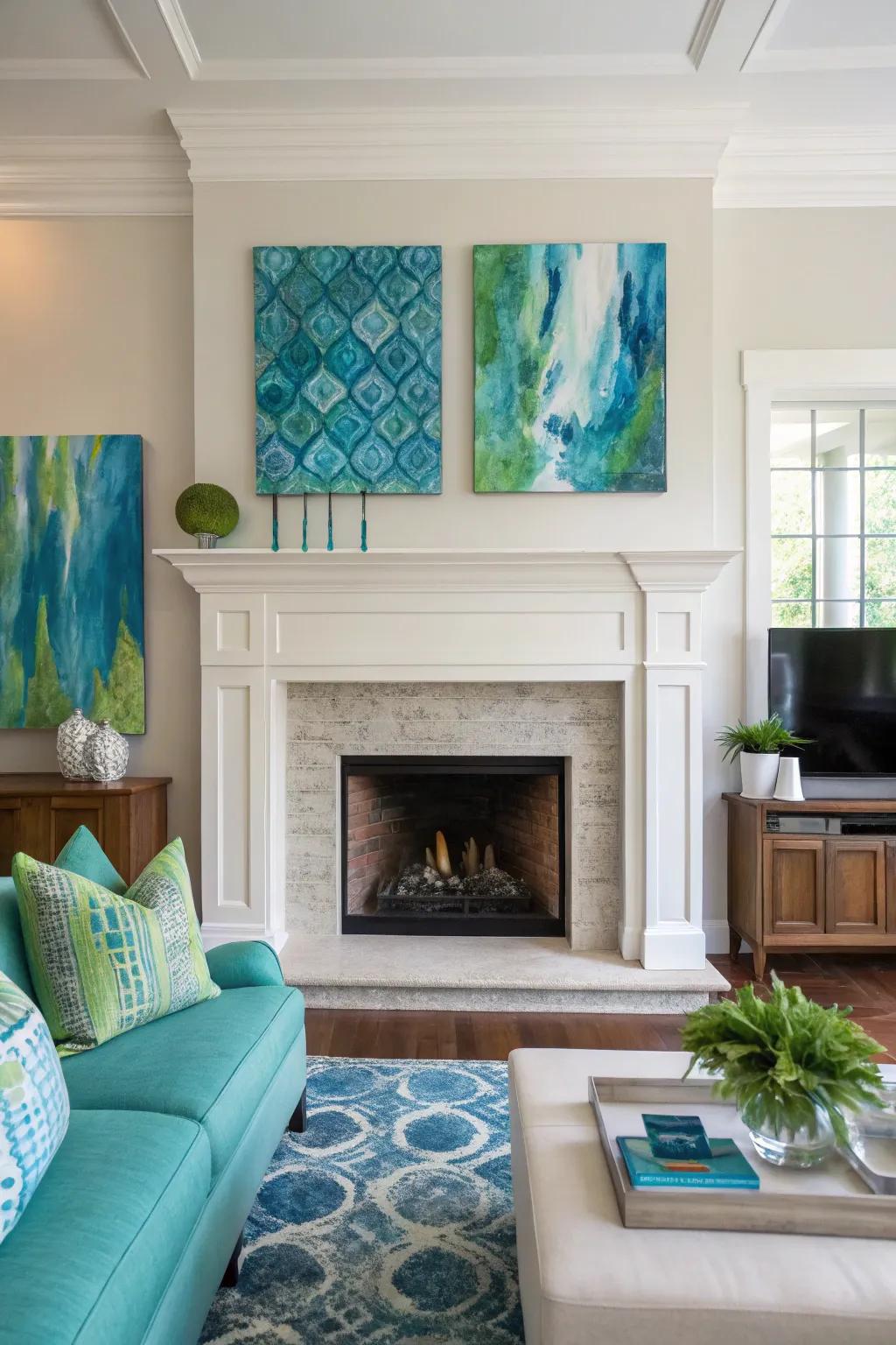 The incorporation of artwork featuring summer-inspired hues introduces an element of artistic panache to your mantel.