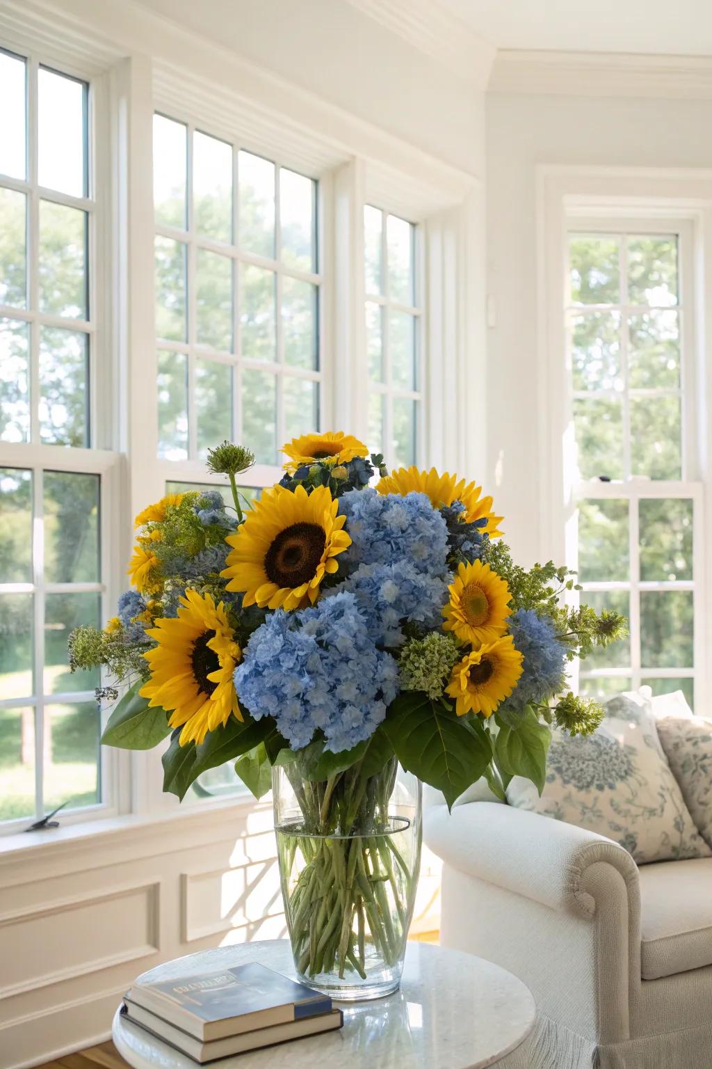 Experience a stunning contrast of sunflowers and blue hydrangeas.