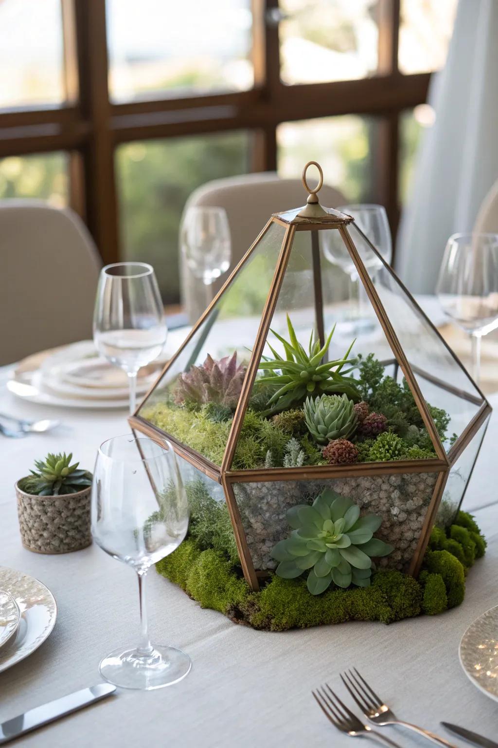 Unconventional centerpieces like terrariums infuse intrigue into the table.