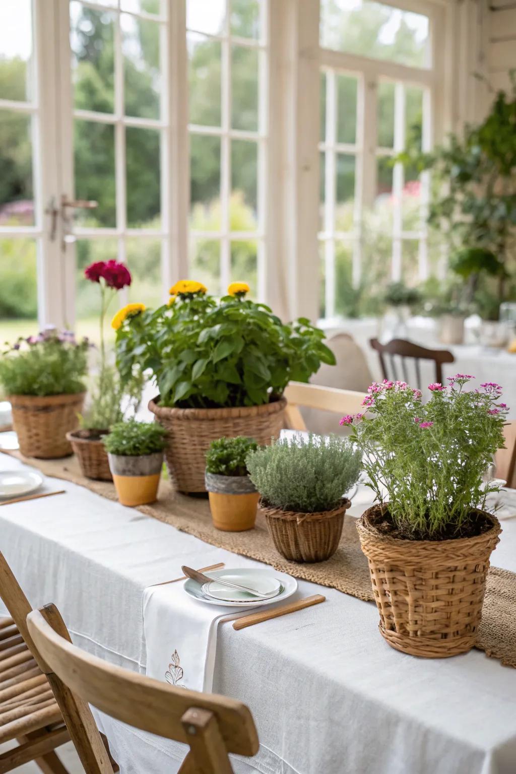 A garden-inspired table arrangement featuring potted herbs and flowers.