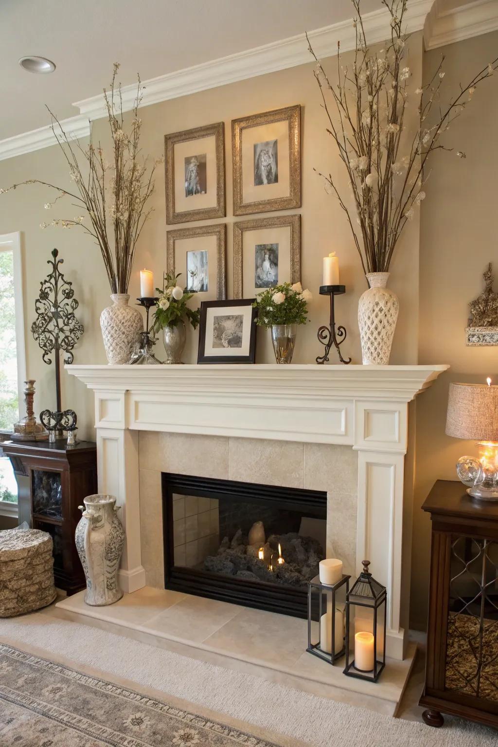 An elevated mantel featuring ornamentation that complements the space's chromatic scheme.