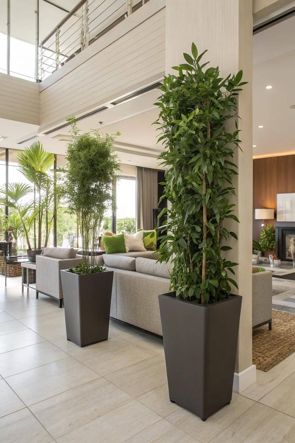 Elegantly divide spaces with tall planter dividers.