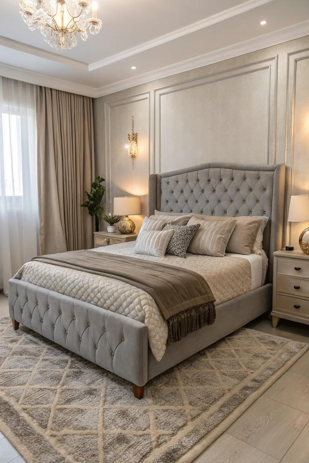 A sleek grey bedstead within a greige and grey setting.