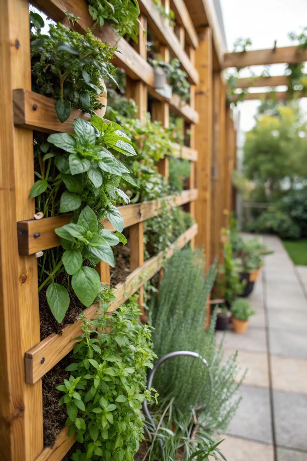 A vertical herb wall, converting a straightforward wall into a tea-lover’s wonderland.