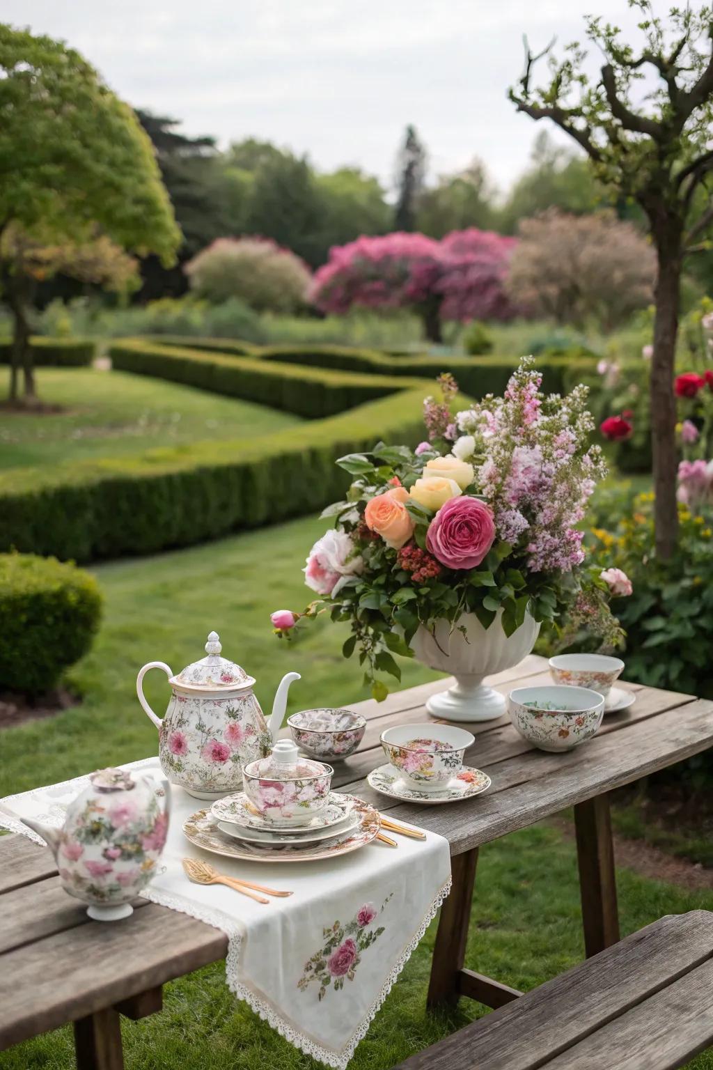 A floral tea set ideally suited for a garden party.