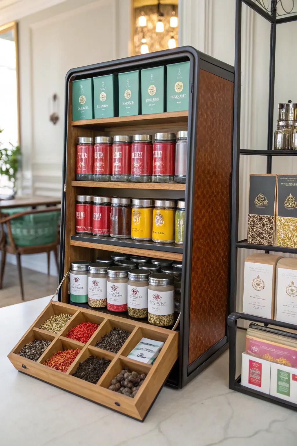 An open exhibition stand exhibiting a tea assortment.