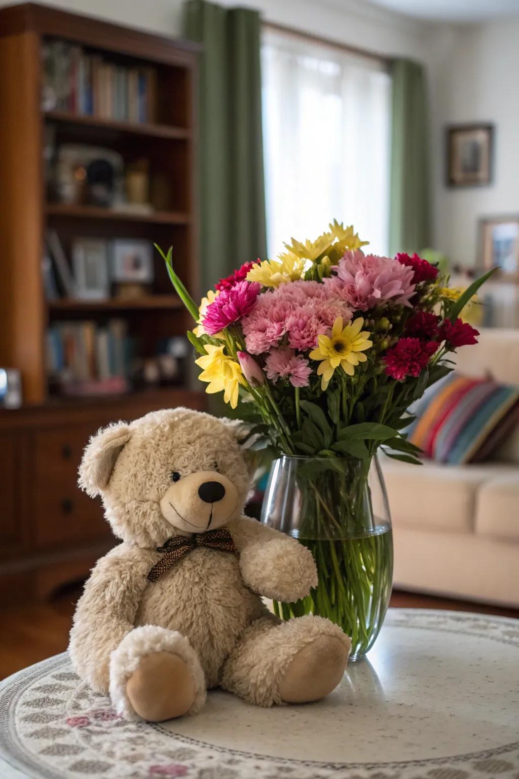 A charming centerpiece featuring a stuffed bear and a vase of flowers.