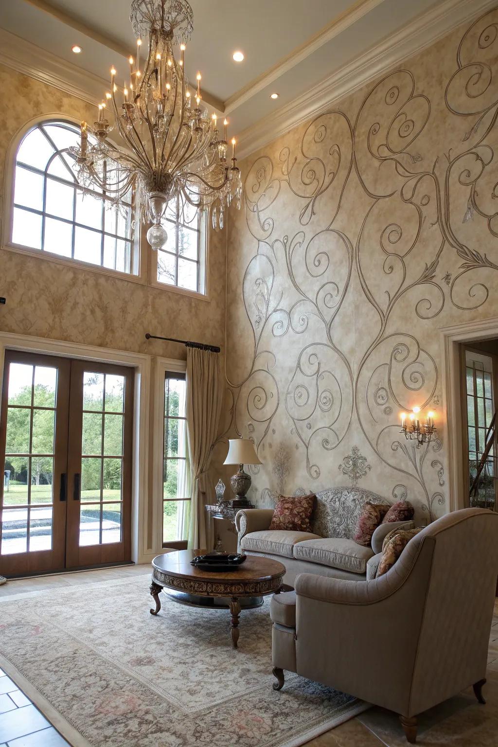 A living area featuring a luxurious Venetian plaster wall.