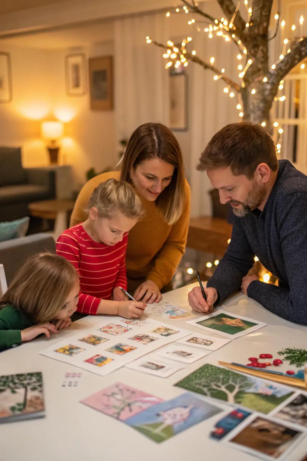 Family members collaborating on a familial pedigree, exchanging anecdotes and memories.