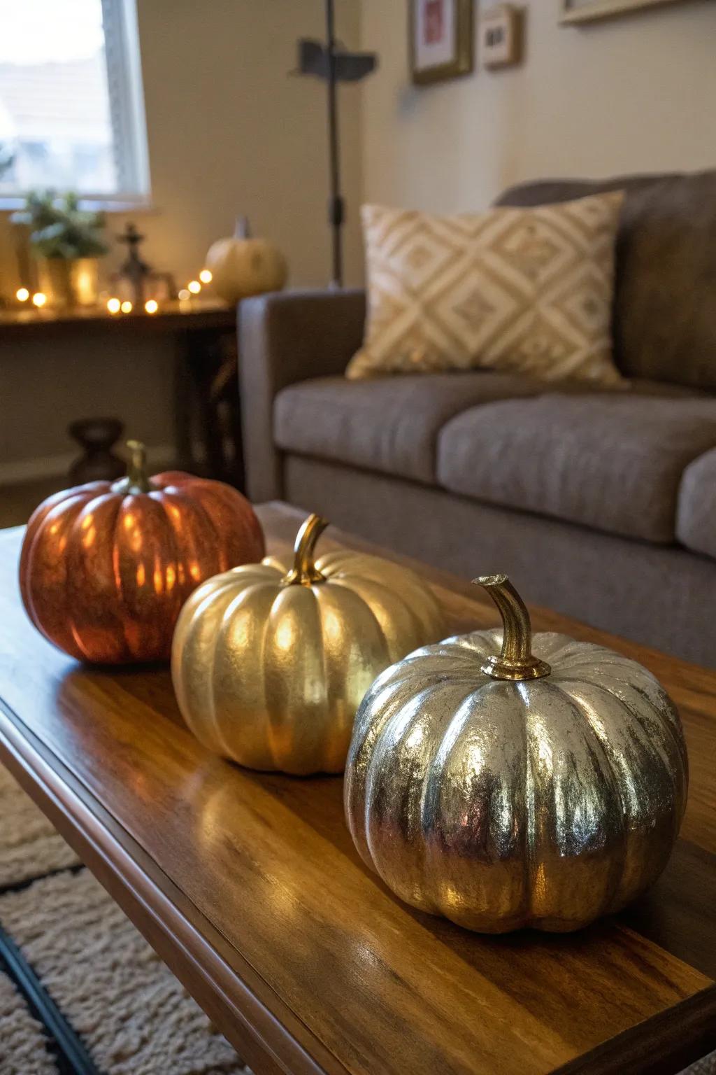 Chic lustrous coated pumpkins for a contemporary visual.