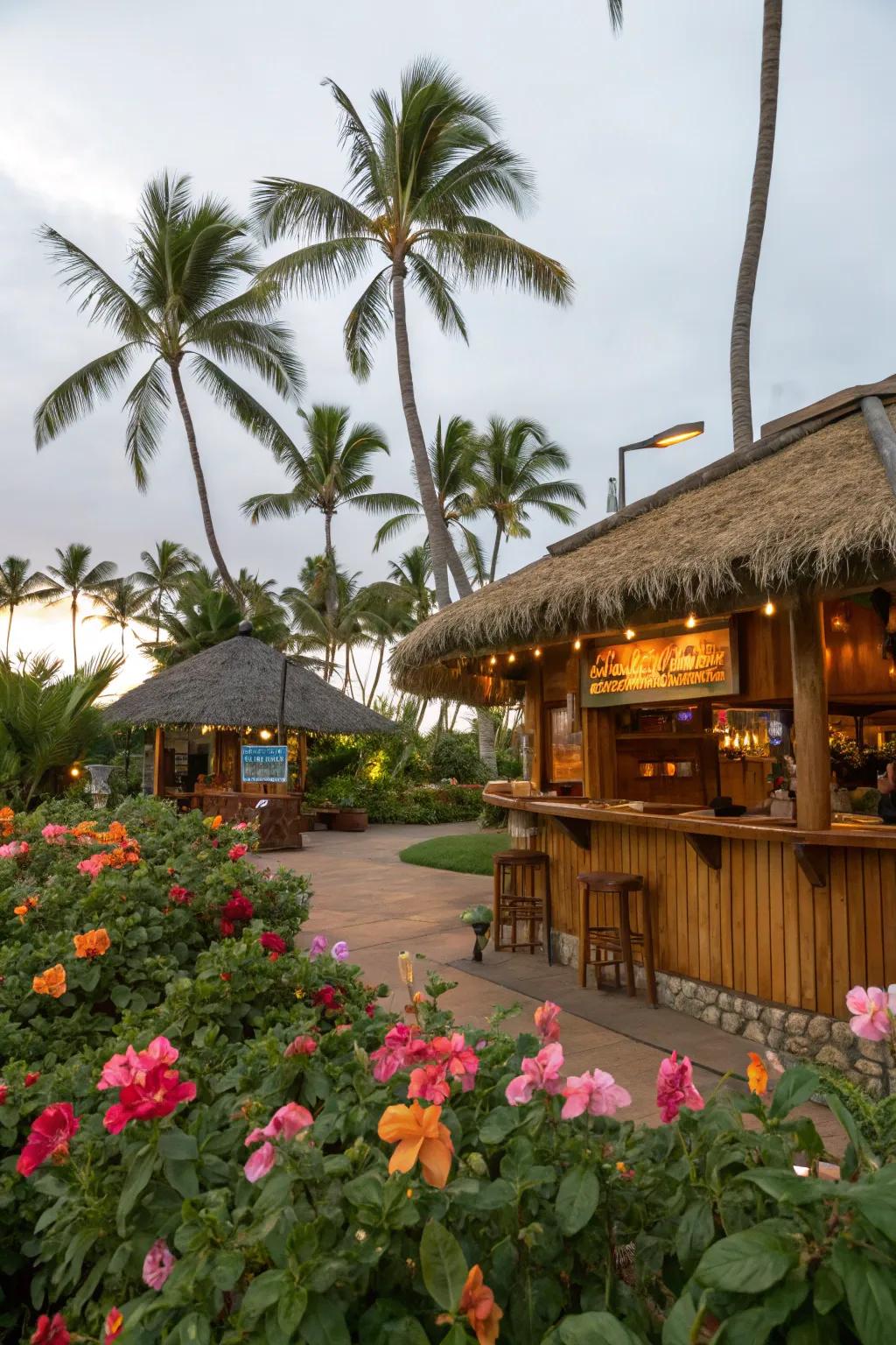 Tropical greenery boosts the lush sensation of your tiki bar.