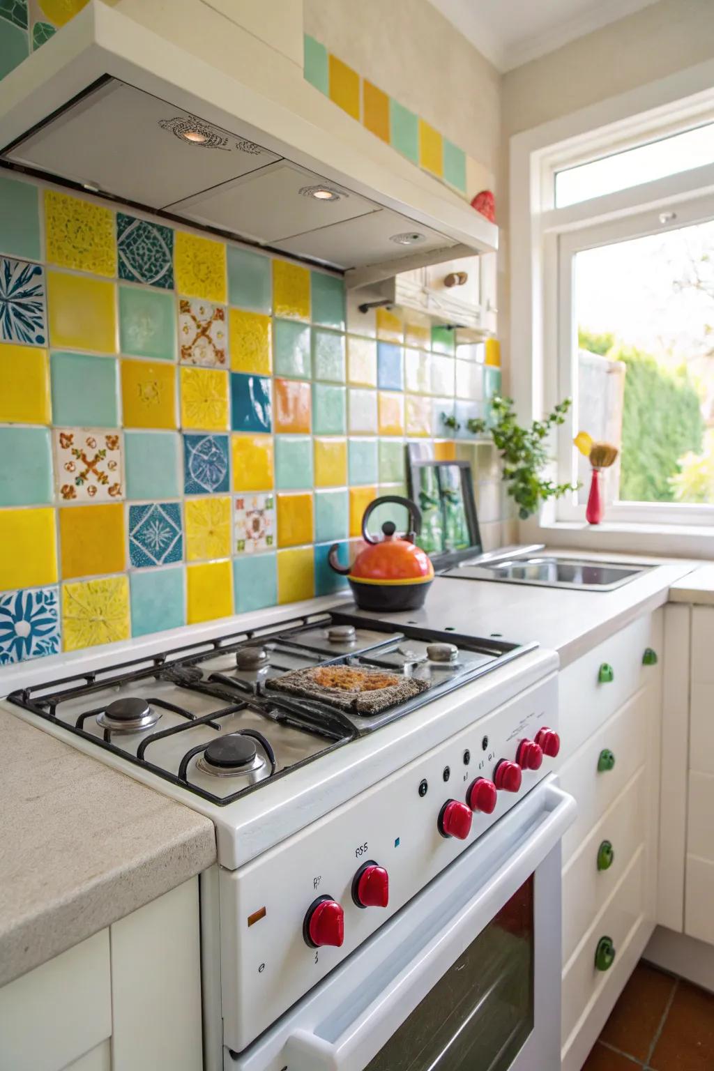 Vivid squares inject vitality and amusement into your cooking space.