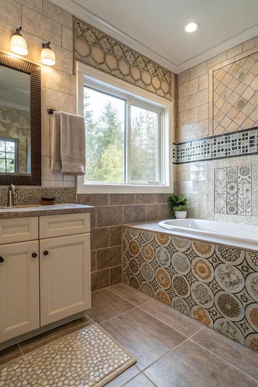 Fashion a unique design by blending various tile materials.