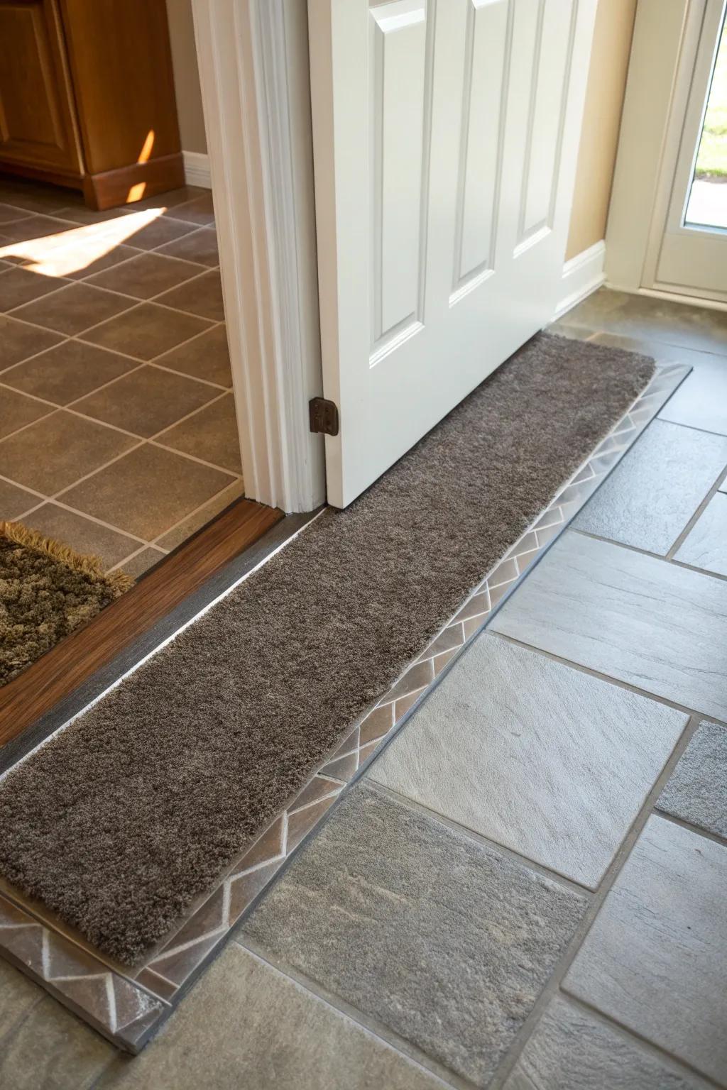 A threshold transition neatly divides ceramic and carpeting.