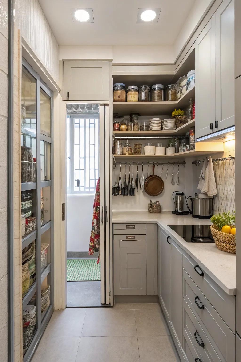 Vertical storage maximizes area and height within a compact kitchen.
