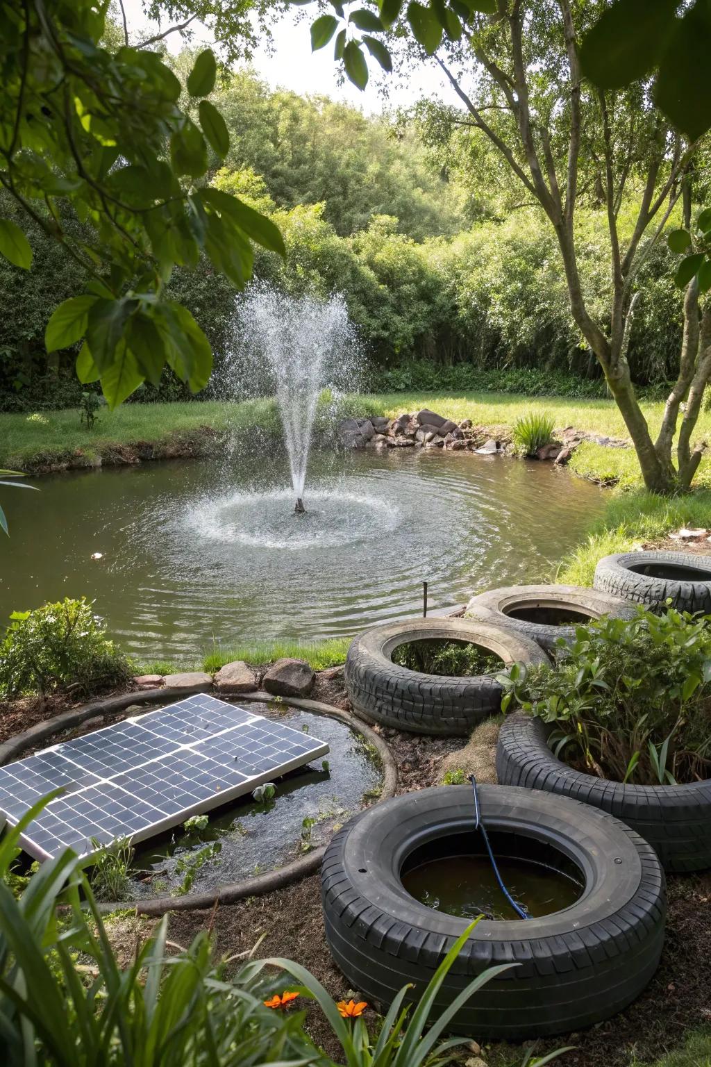A tire water pond elevated with a heliotropic fountain.