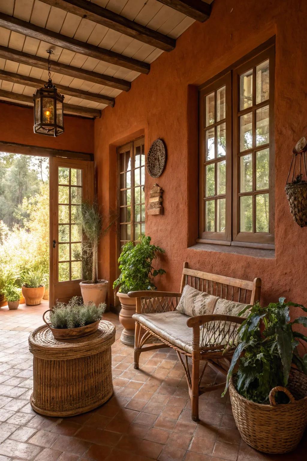 Clay walls permeating the sunroom with abundant, earthly warmth.