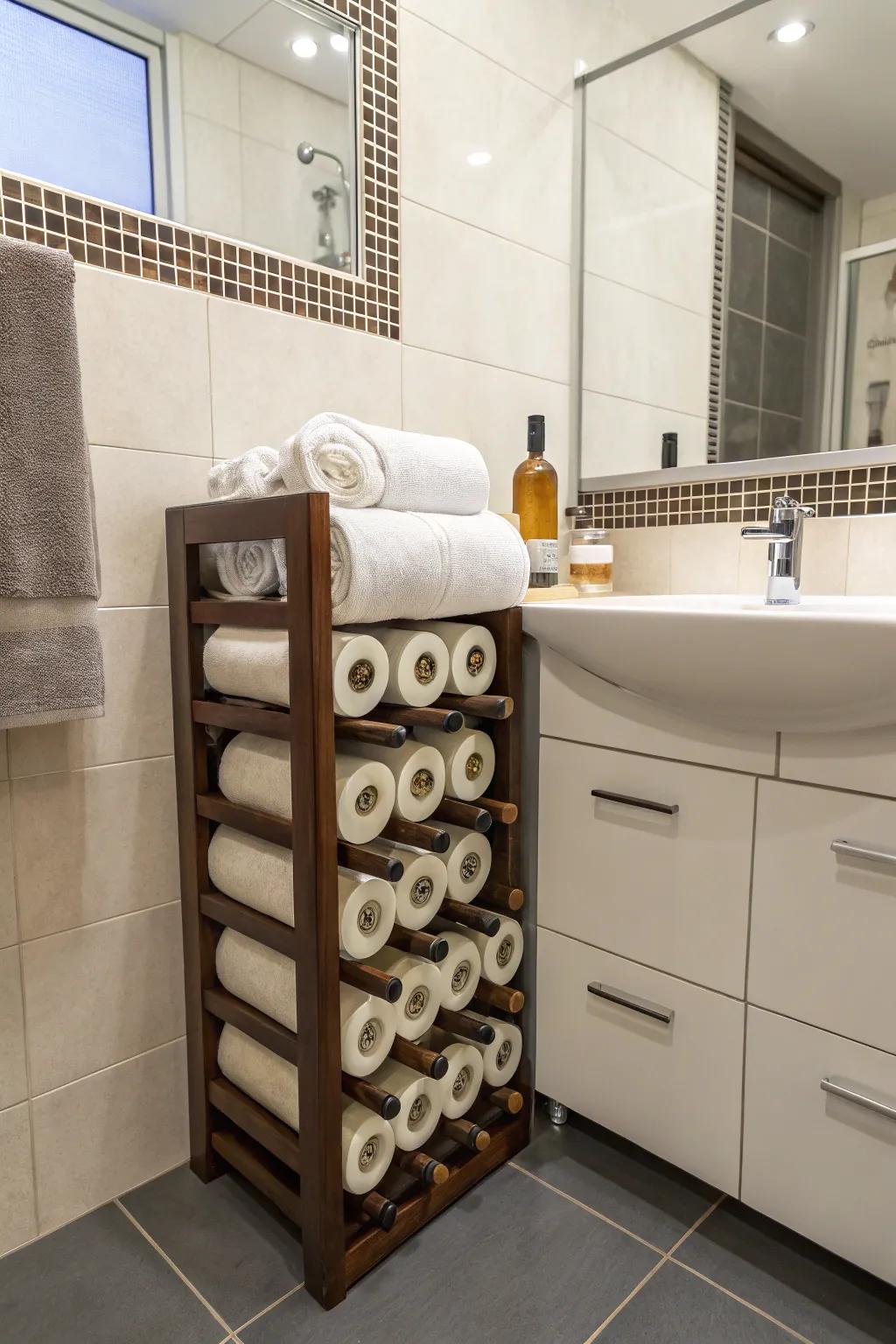 Add flair with a repurposed wine rack, turning towel storage into a conversation piece.