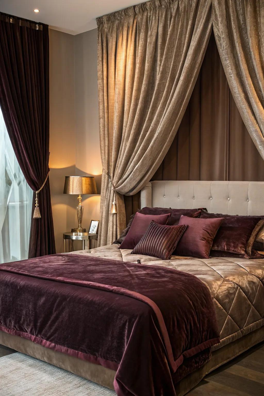 Opulent fabrics like velvet and silk introduce depth.