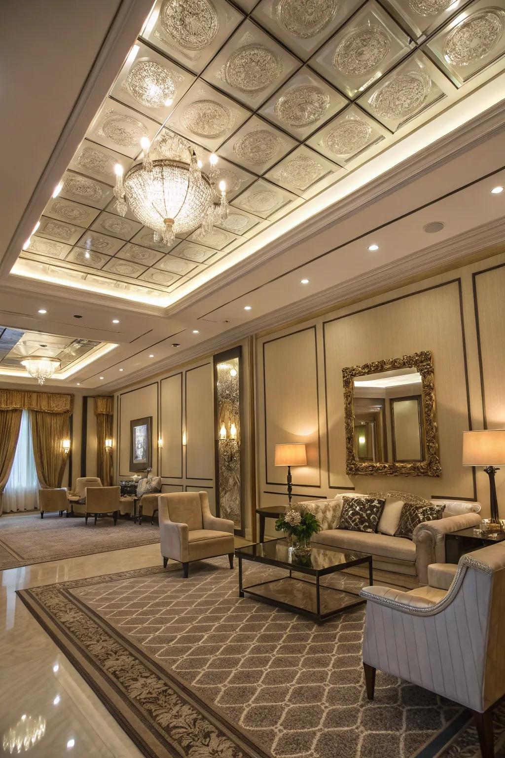 An elegant room showcases a tray ceiling adorned with mirrored panels.