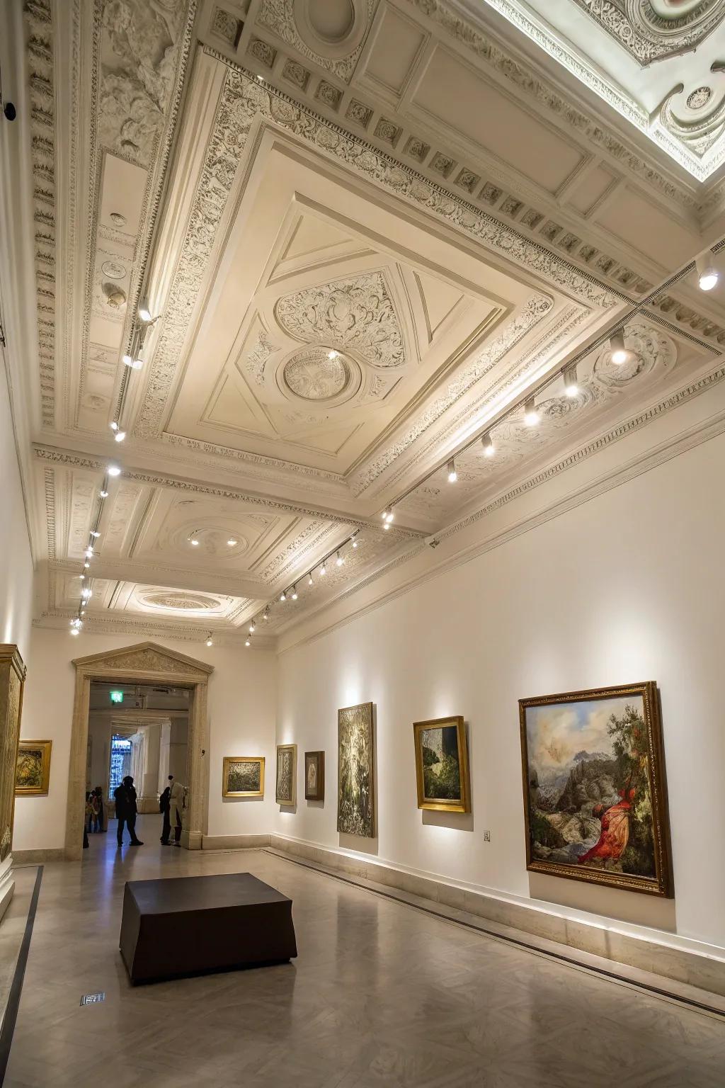 A gallery-style room contains artistic wall washers in the tray ceiling.