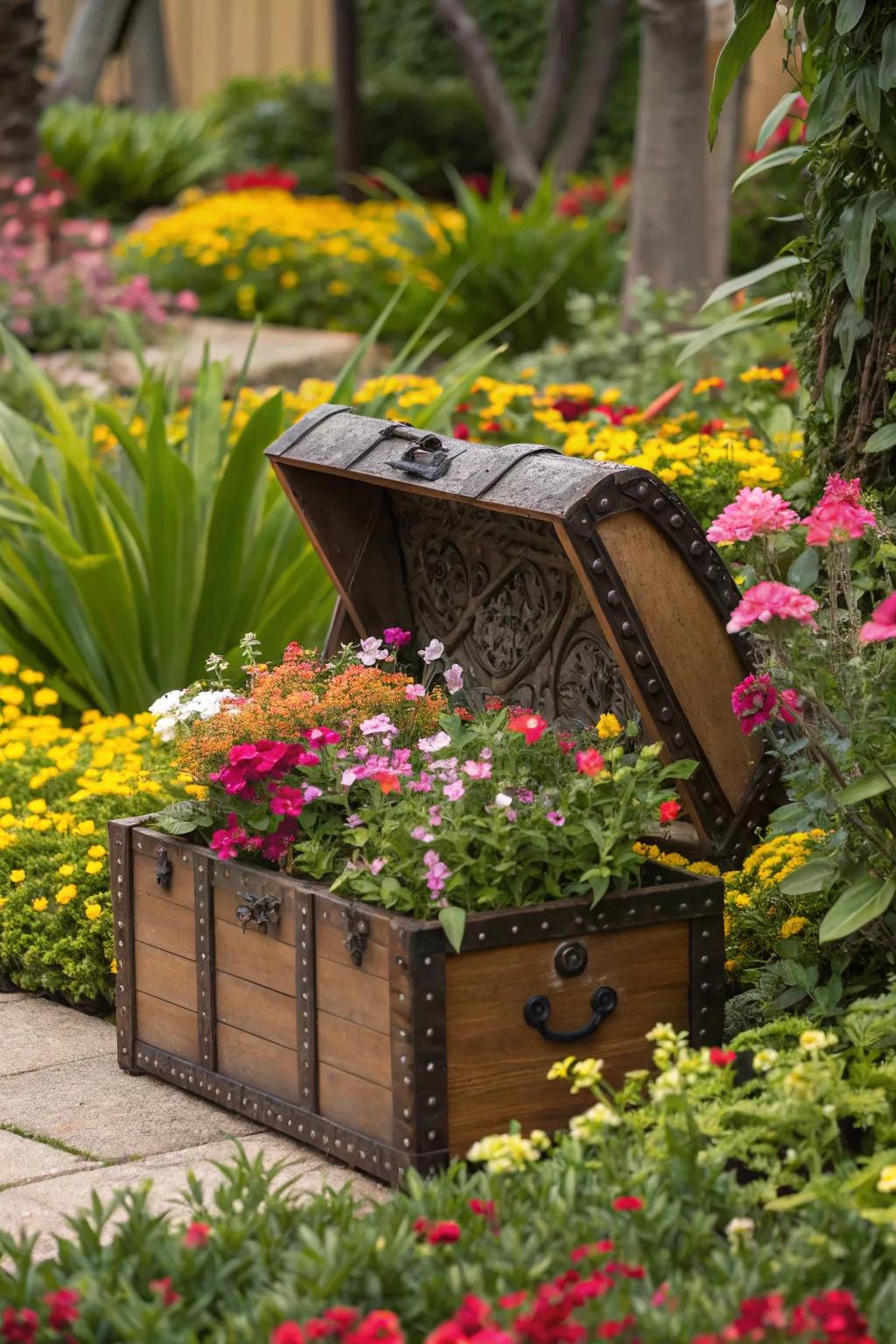 A treasure chest planter introduces charm to your garden.