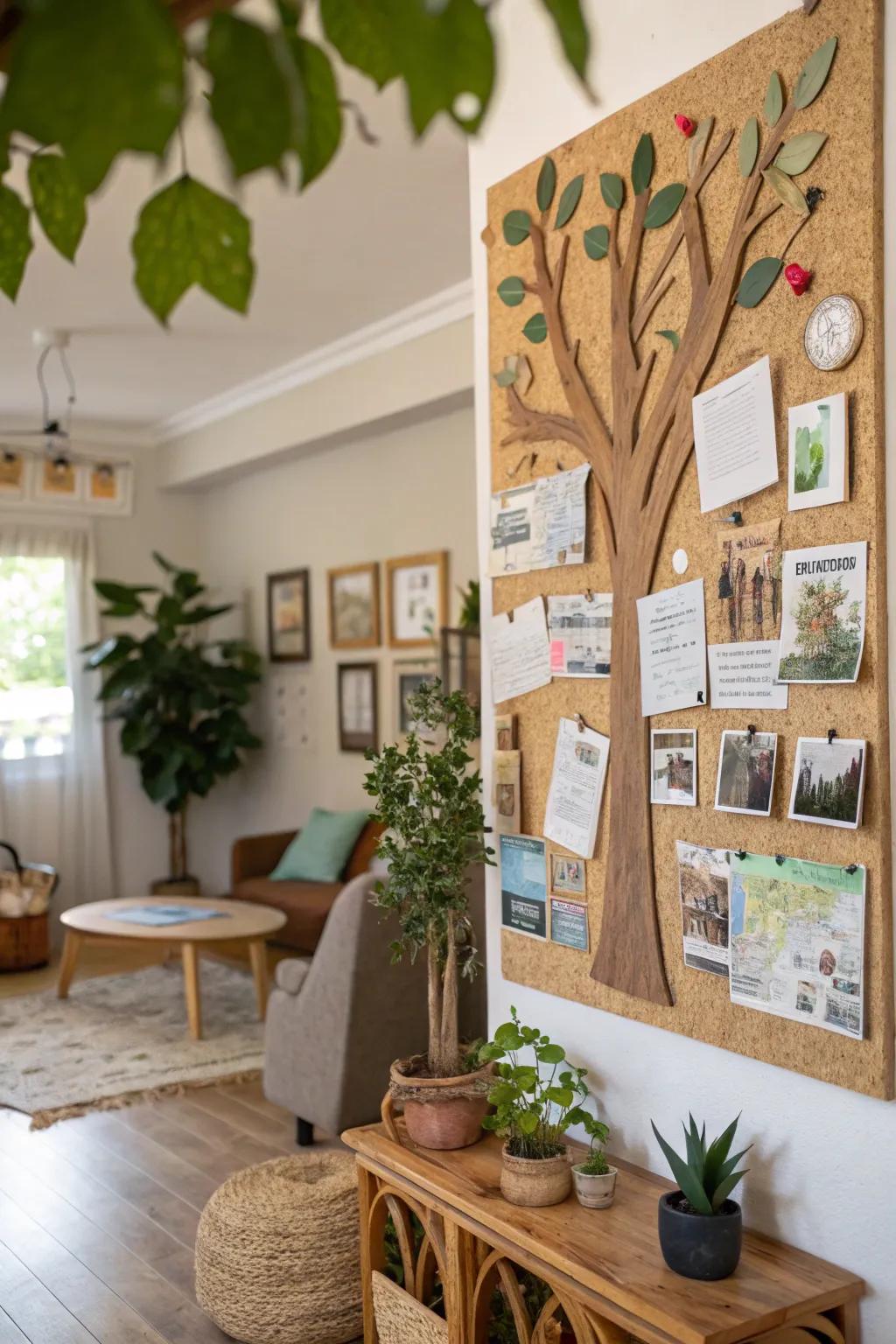 An eco-friendly tree bulletin board made with recycled materials.