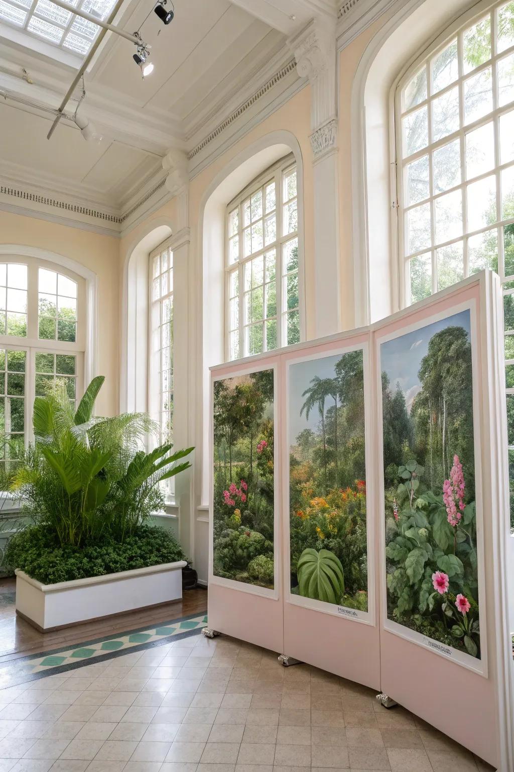 Lush plants in a botanical triptych enhances spaces.