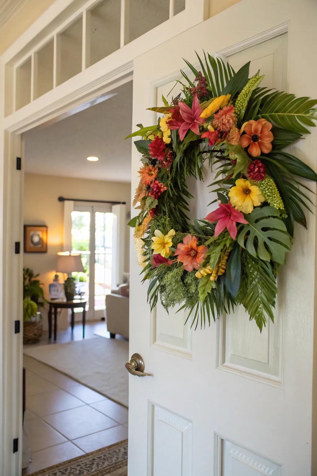 A tropical wreath injects a welcoming splash of color onto your portal.