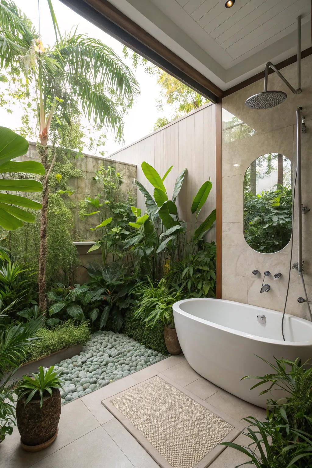 The inclusion of greenery provides a stimulating and organic feel to the tub-in-shower arrangement.