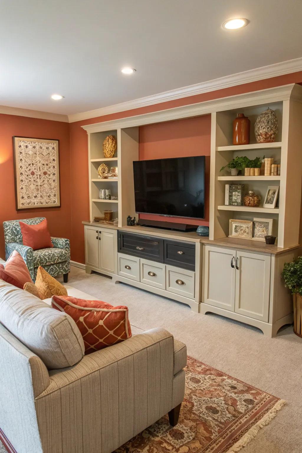A harmonious living room with color-coordinated elements.