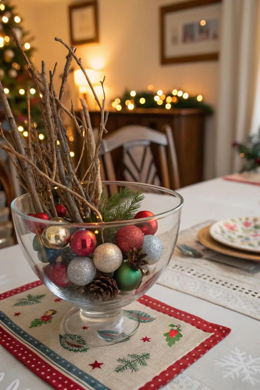 A celebratory arrangement of branches and trinkets.
