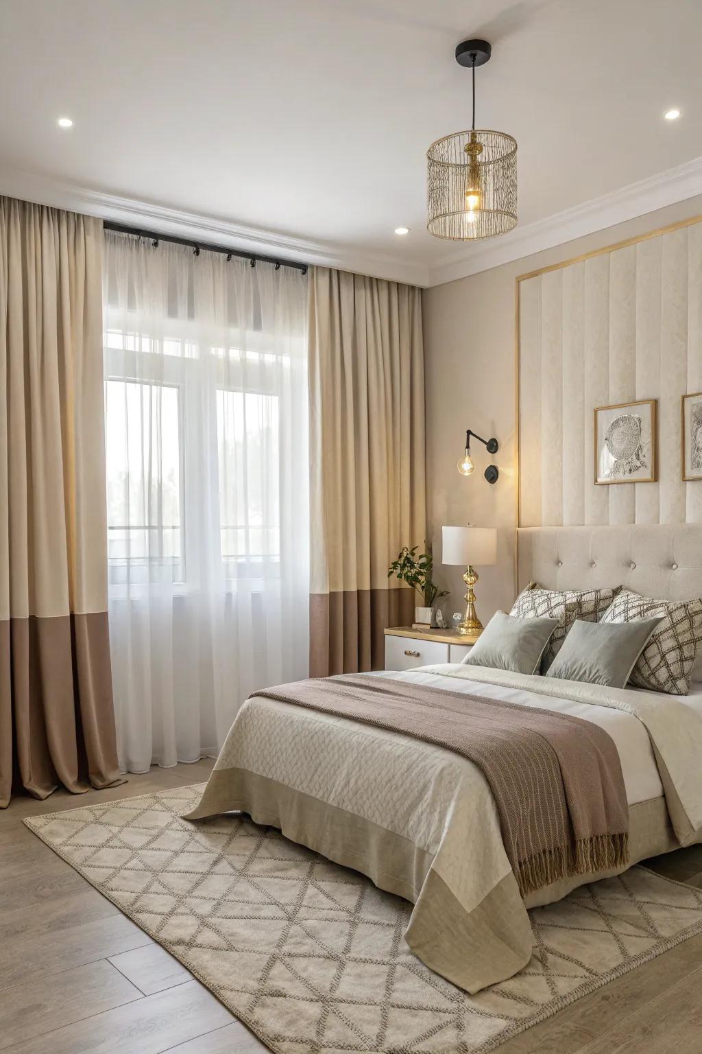 Two-tone window dressings perfectly complementing the interior design in a stylish bedroom.