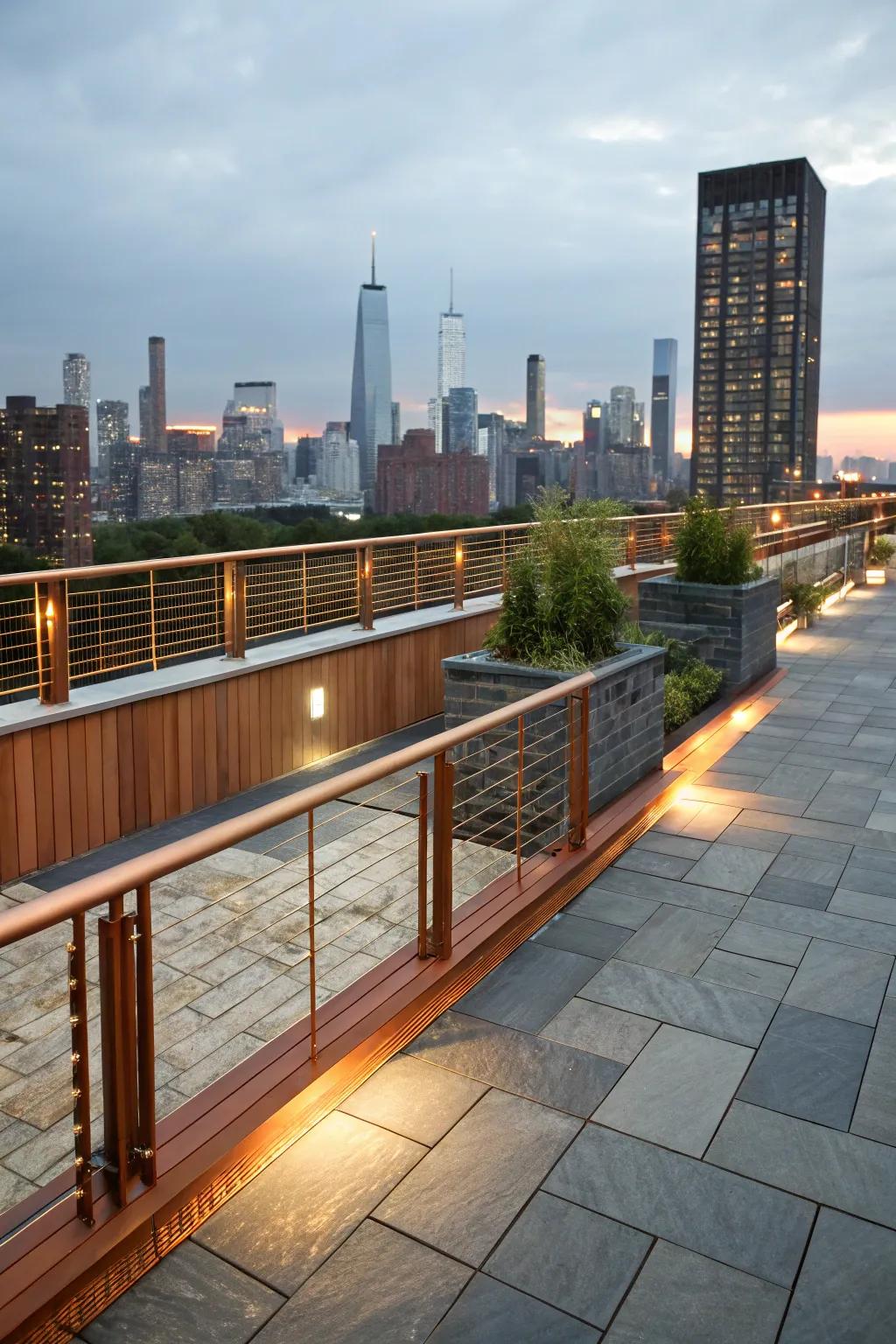 Bronze and slate offer a warm, industrial feel for an urban deck.