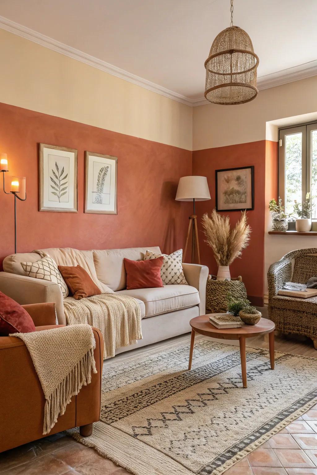 Walls in earthy rust and sand tones create an inviting main living space.