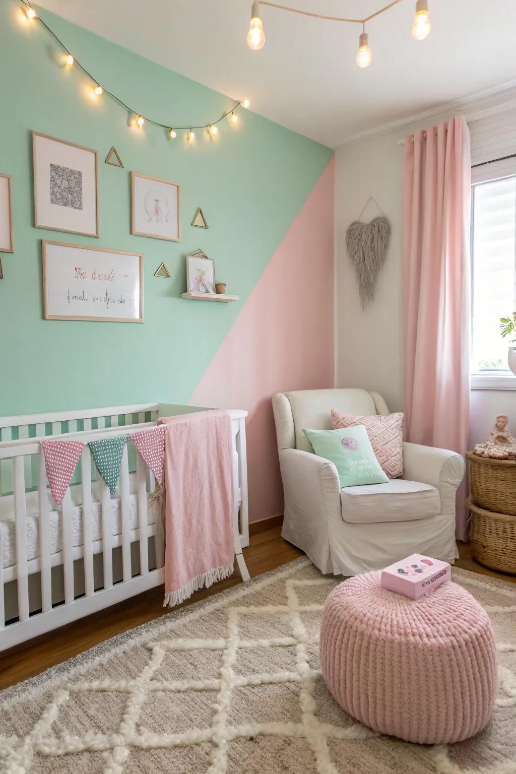 Nursery featuring a soft pastel two-toned wall.