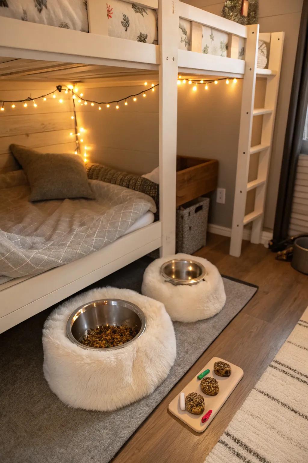 A cozy pet nook underneath the bunk bed.