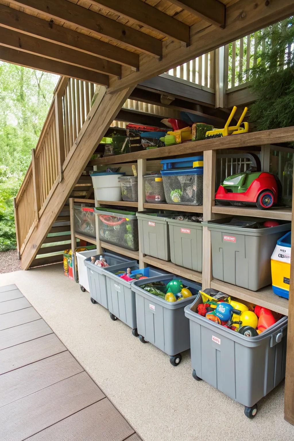Wheeled bins offer effortless access and mobility for under-deck storage.