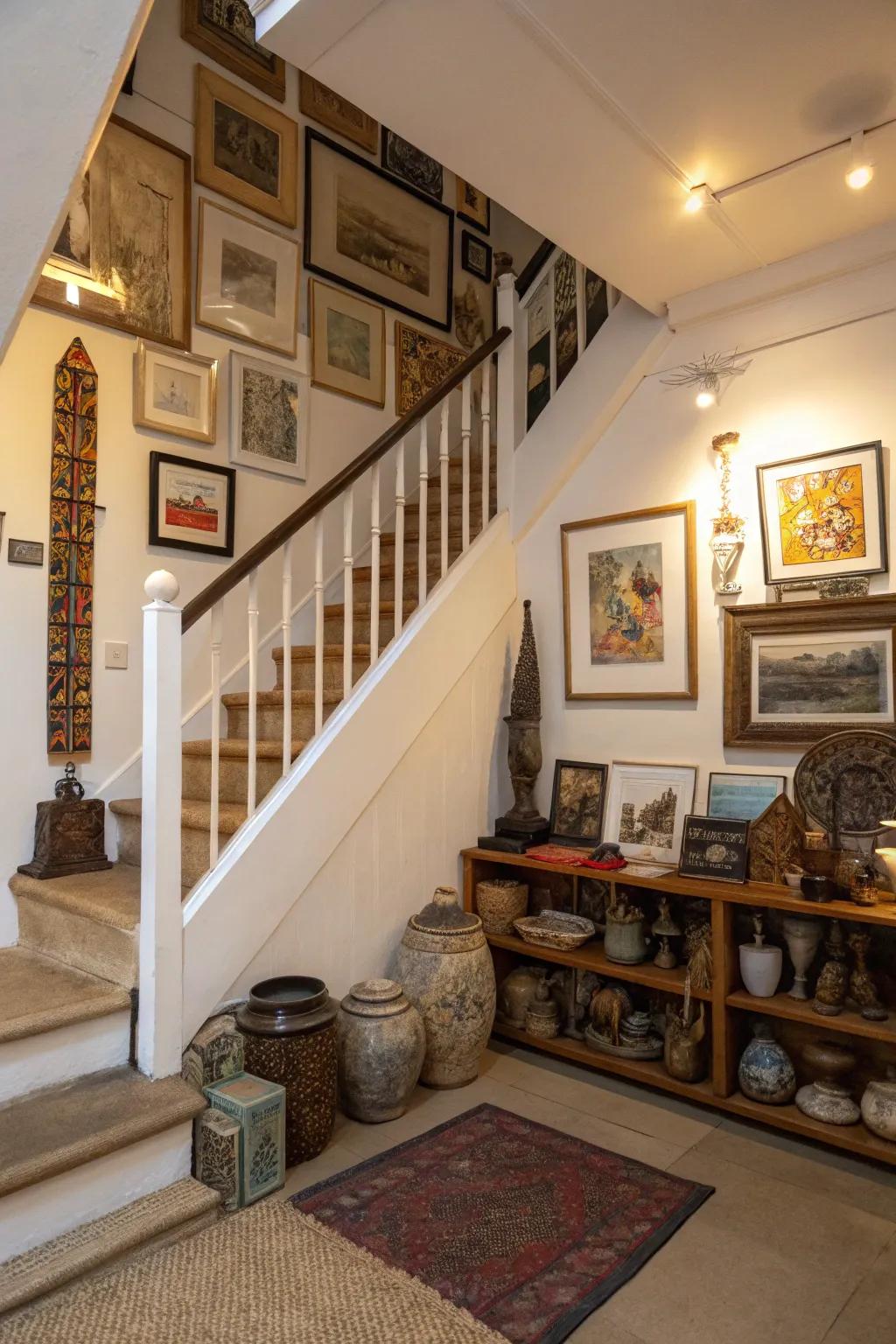 Transform the area beneath the staircase into a personalized art exhibit.