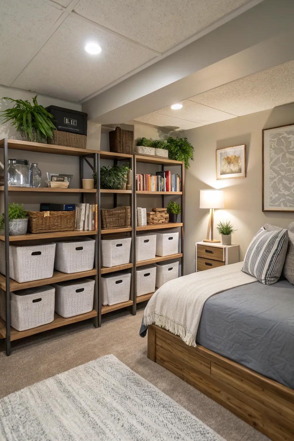 Imaginative stowage solutions can sustain an orderly and functional basement bedroom.