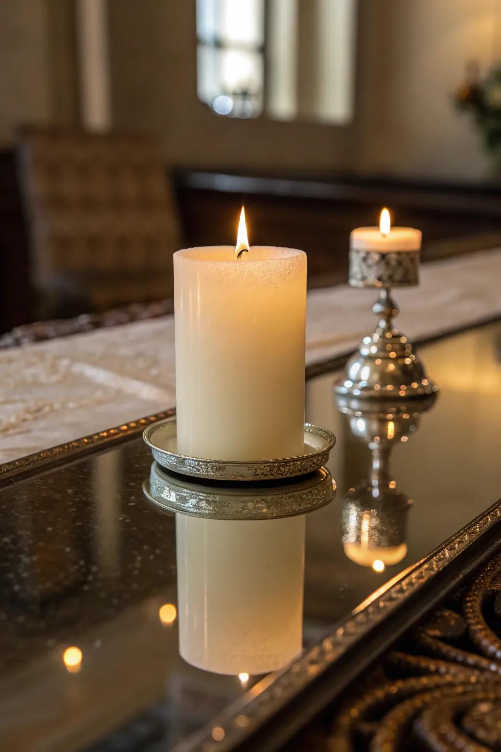 Reflective embellishments amplify the luminance of the unity candle.